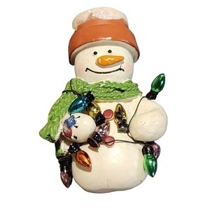 Vtg Mini Snowman pin brooch flowerpot hat scarf wrapped in lights